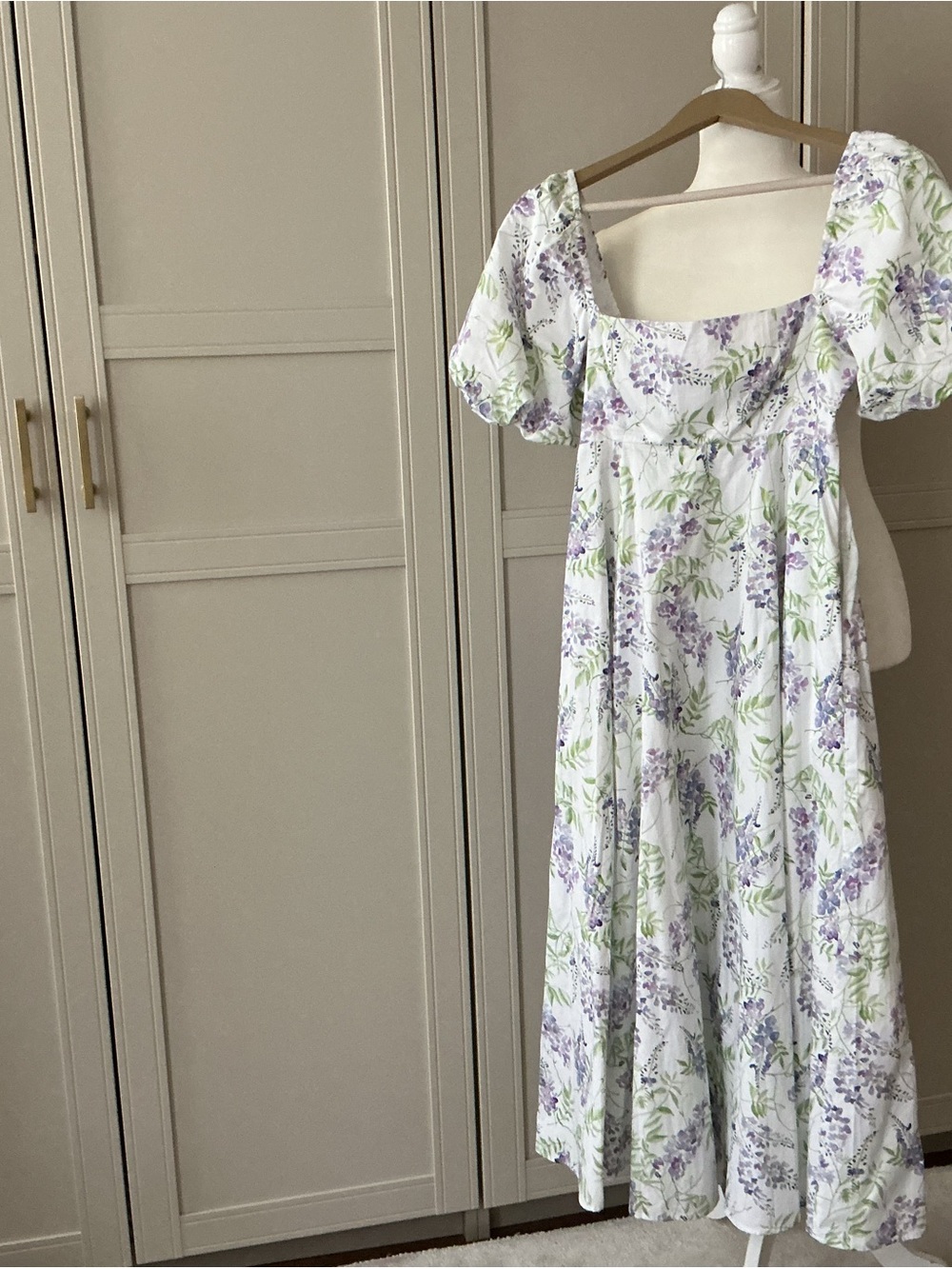 Hill House White Maxi Dress with Lavender & Green Floral Print